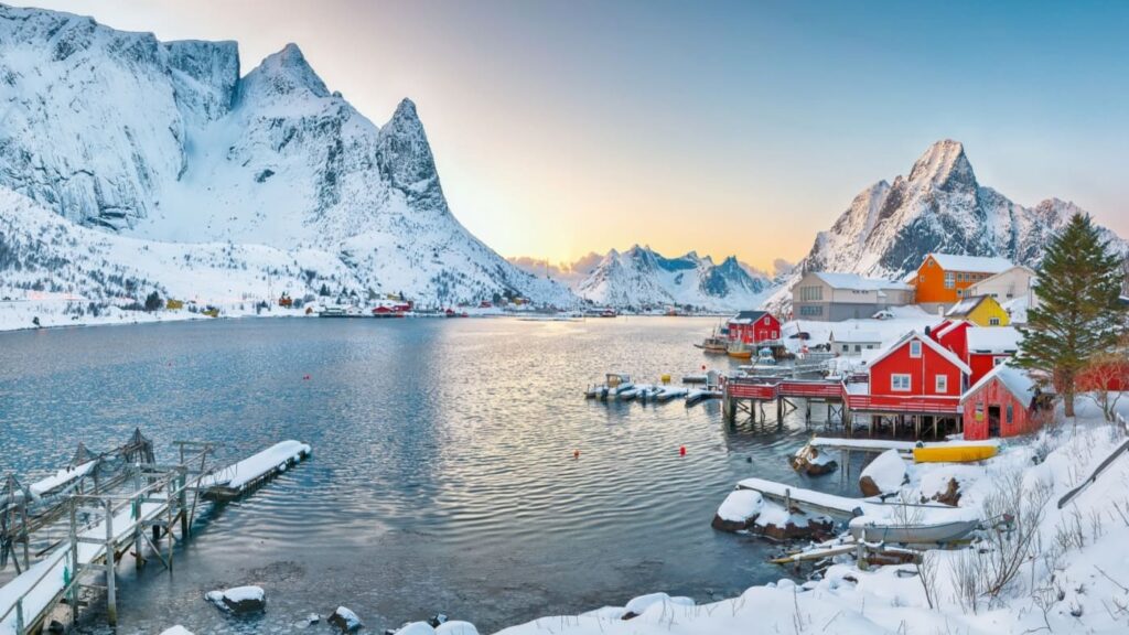 Striking colourful houses in the white Lofoten landscape