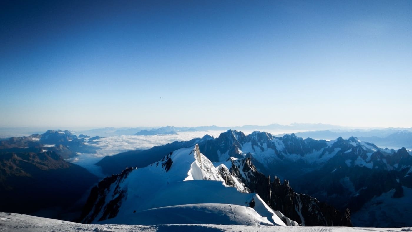 Snow-covered ridges stretch across the Mont Blanc skyline with B4Experience