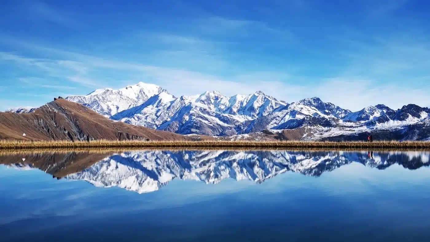 Snowy mountains reflected in a crystal-clear lake.