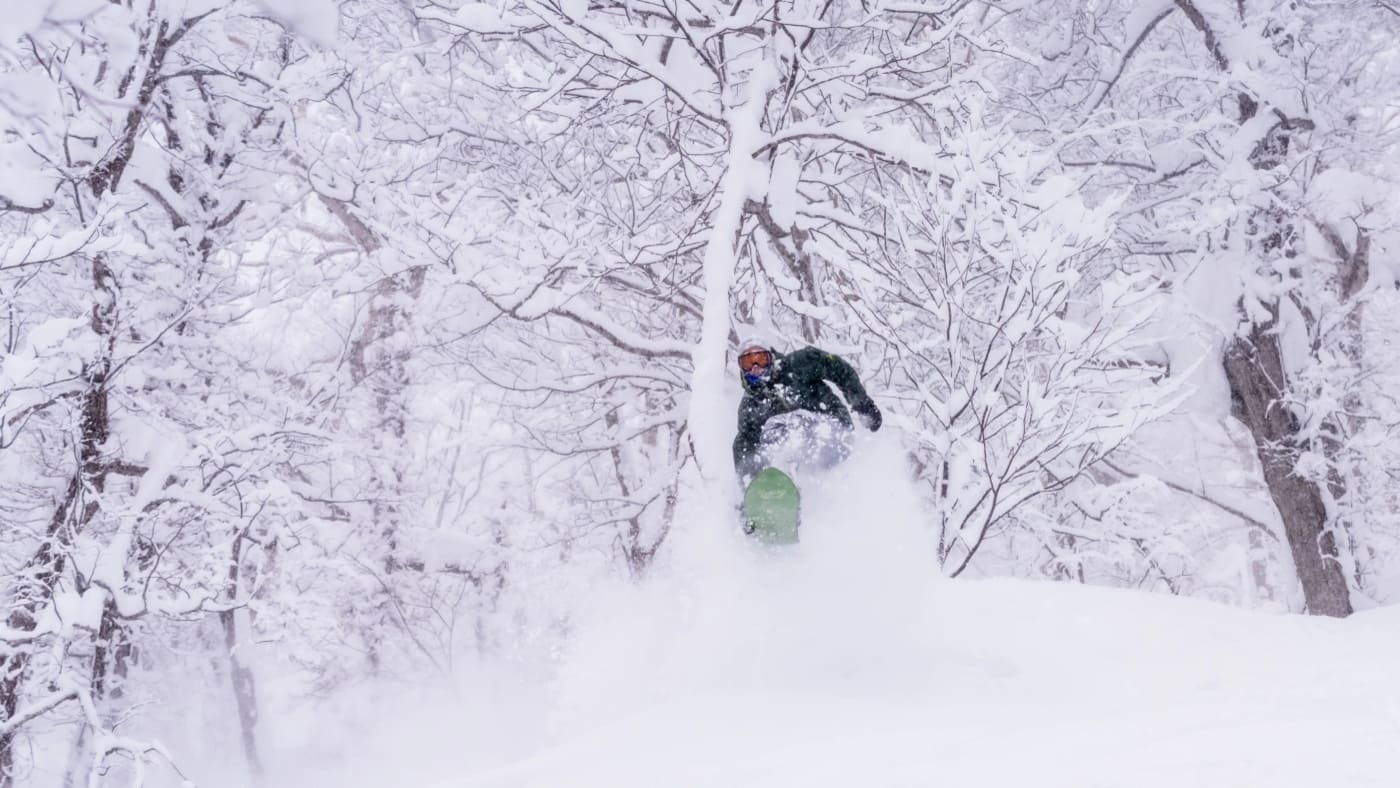 Skier gliding through deep powder in a snow-covered forest with B4Experience