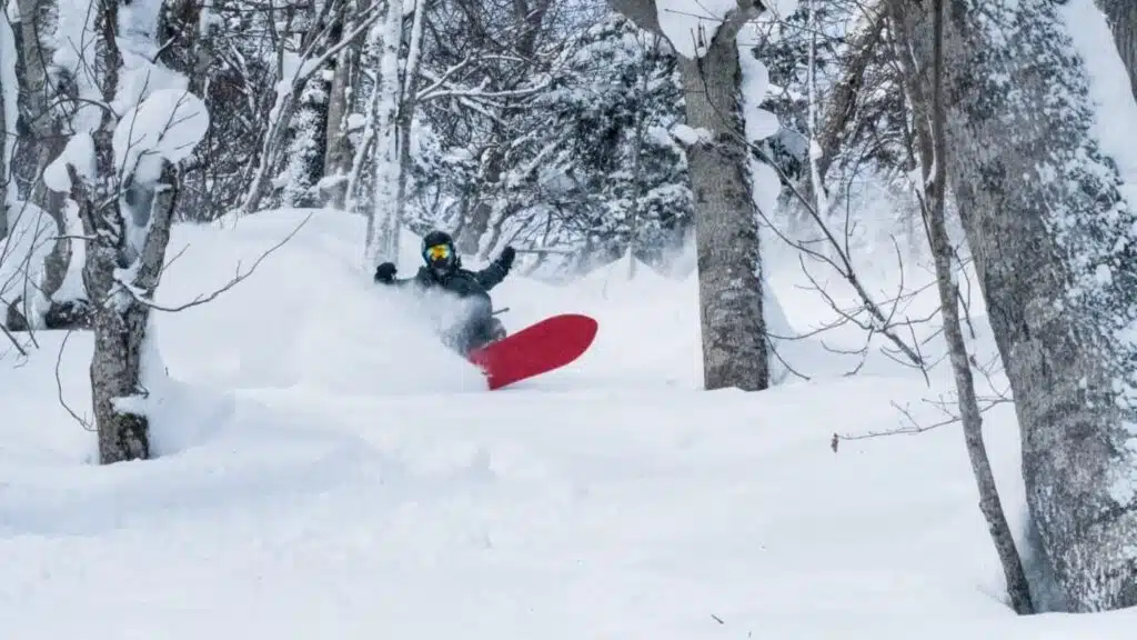 Snowboarder riding through deep powder in a snowy forest in Japan with B4Experience