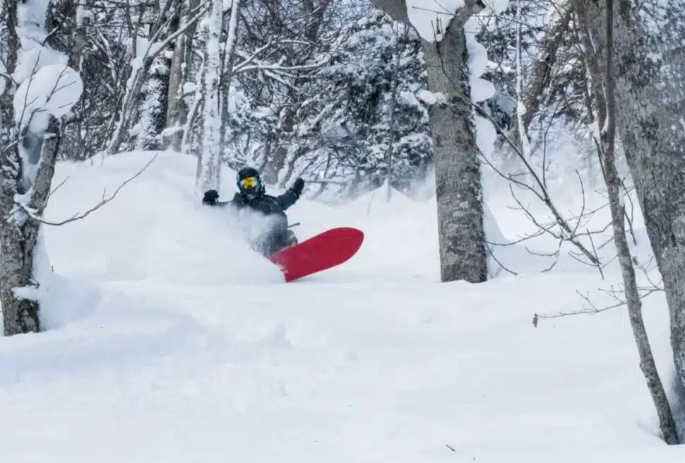 Snowboarder riding through deep powder in a snowy forest in Japan with B4Experience