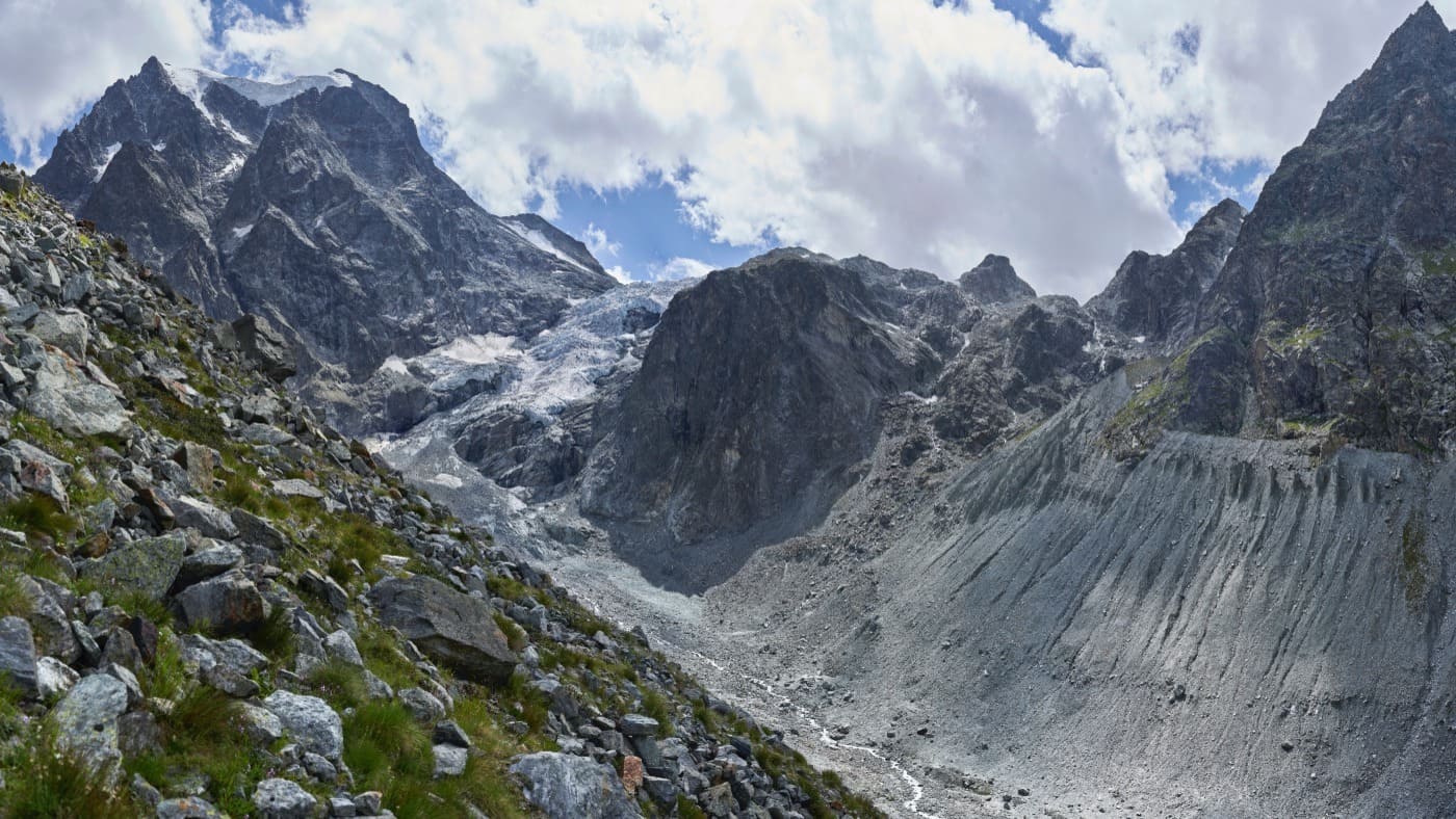 A rugged alpine glacier surrounded by towering peaks in the Alps with B4Experience