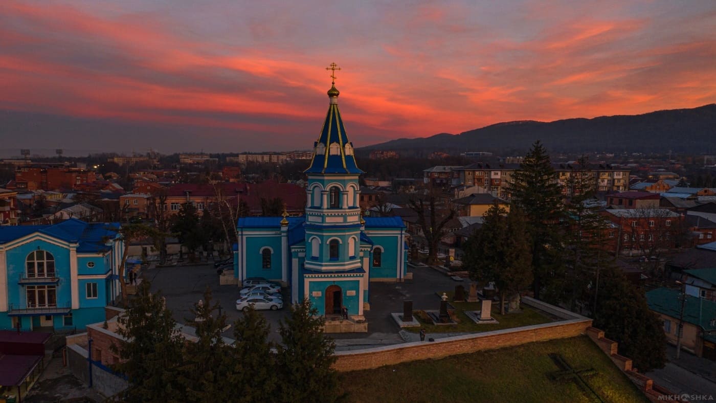 Beautiful sunset over a church in Ossetia with B4Experience