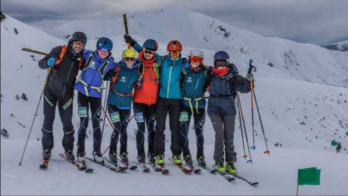 Group of skiers posing on a snow mountain in Tignes Alps with B4Experience