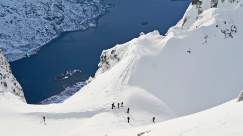 Ski touring group in the Lofoten Mountains